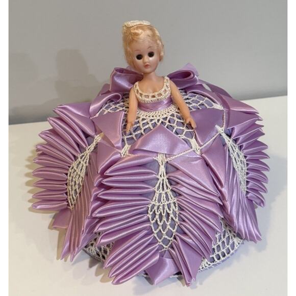 Vintage Ribbonwork Pincushion Doll Lavender Satin Boudoir Sewing Decor - Picture 3 of 9